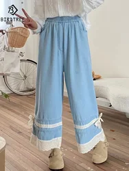 Summer Denim Retro Sweet Jeans Women High Waist Lace Bow Trousers Mori Girl Fashion Commute Wide Leg Pants 2024 Autumn B47371QM