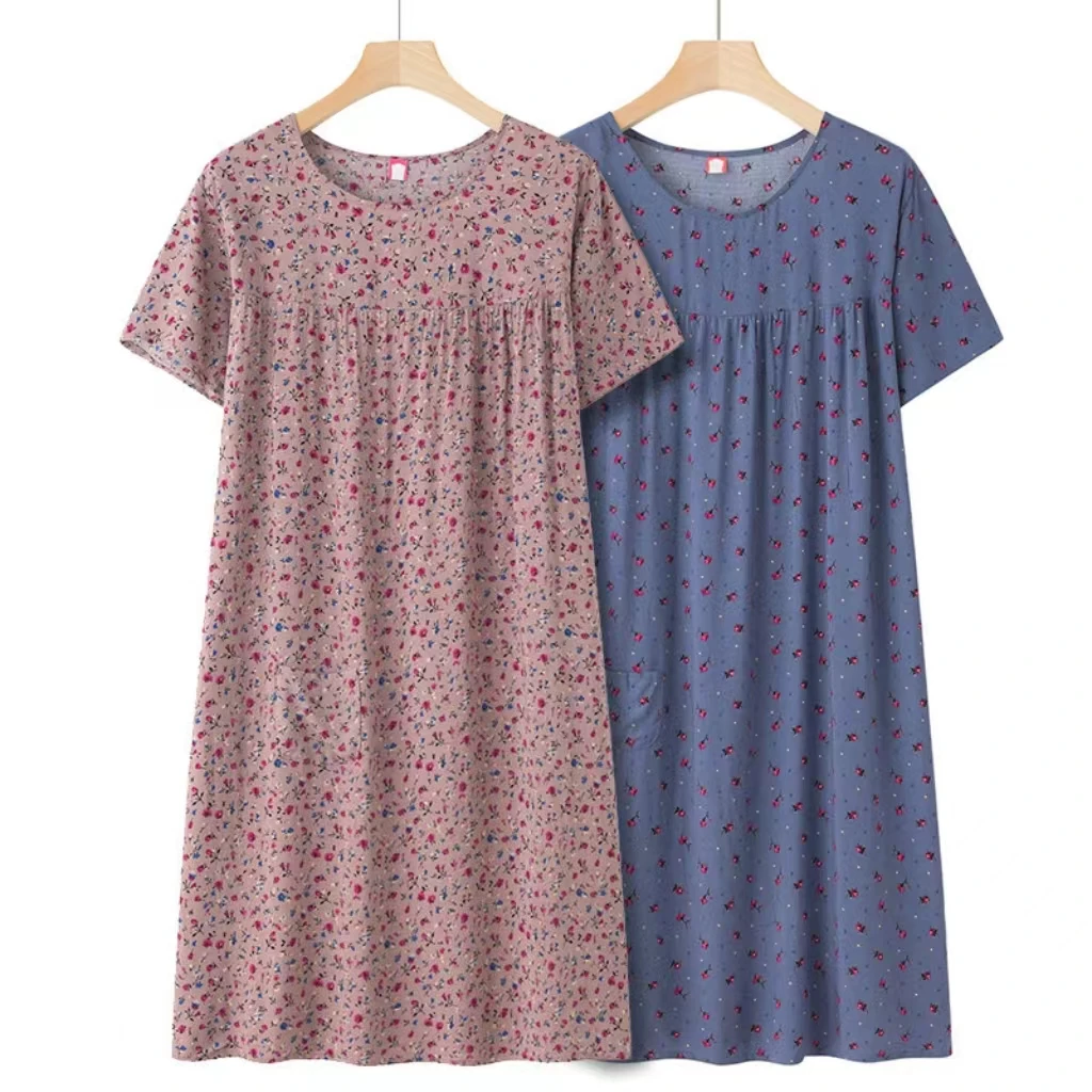 Short-Sleeve Nightgown for Middle-Aged and Elderly Women, New Summer Thin Version, Loose Home Dress for Moms, Women's Clothing