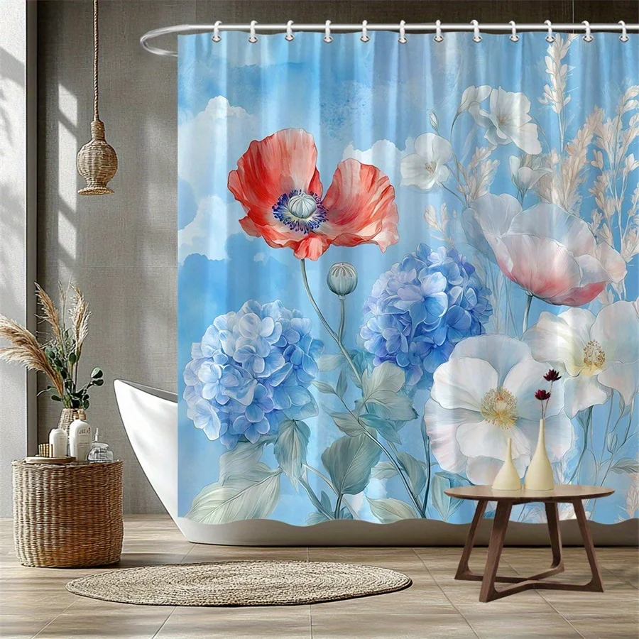 

1 элегантная акварельная занавеска для душа с красным маком и гортензией — мягкий синий и белый фон с облаком, полиэстер, который можно стирать в машине