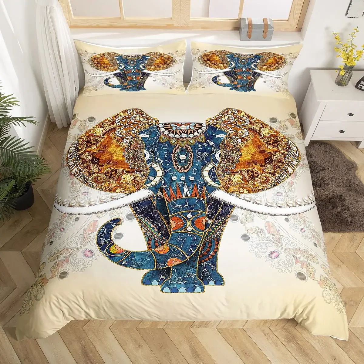 

Elephant Duvet Cover Set Full,Boho Vintage Luxury Bedding Set Colorful Exotic Mandala Quilt Cover Tribal Ethnic Comforter Cover