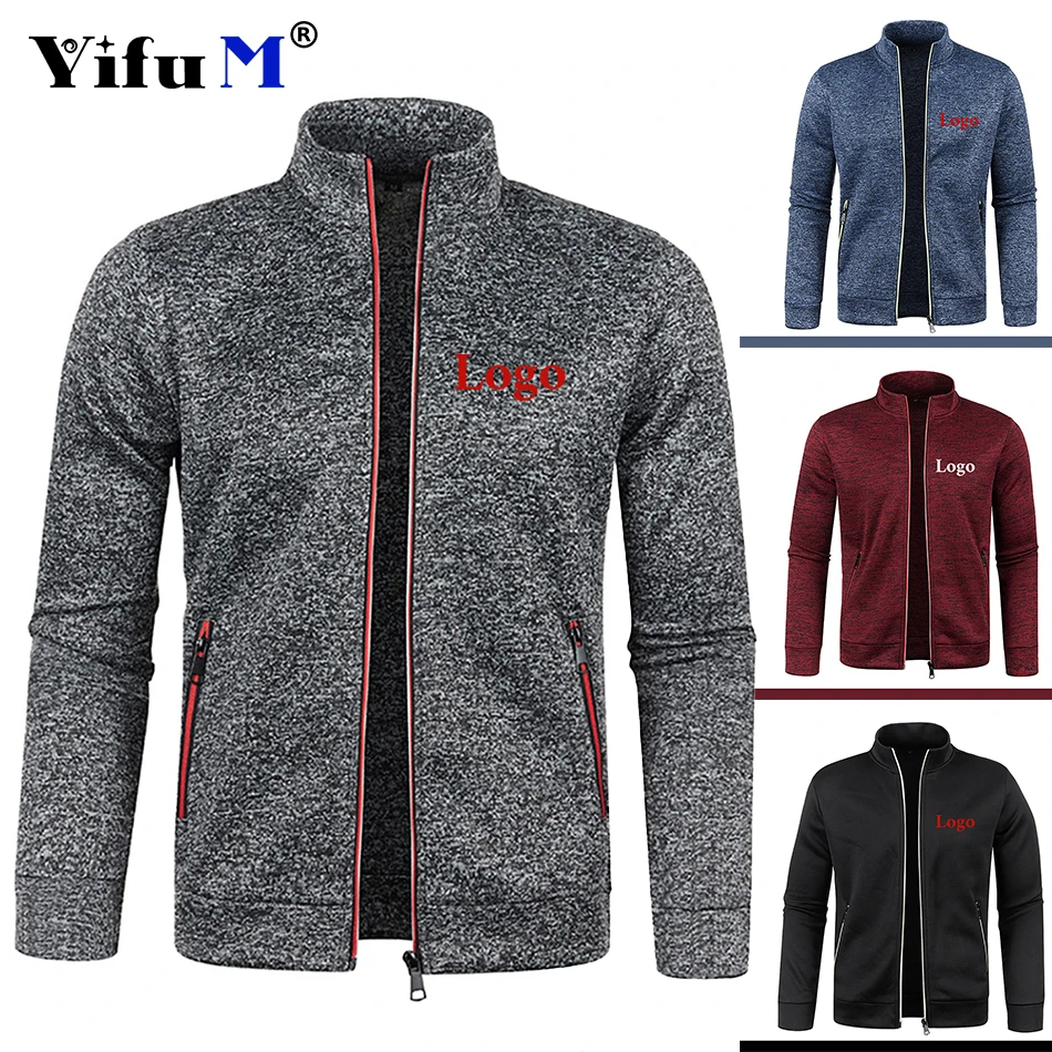 Jaket ritsleting pria, cetak kustom Logo musim gugur kerah berdiri lengan panjang kasual mantel pakaian jalan pria Sweater bulu