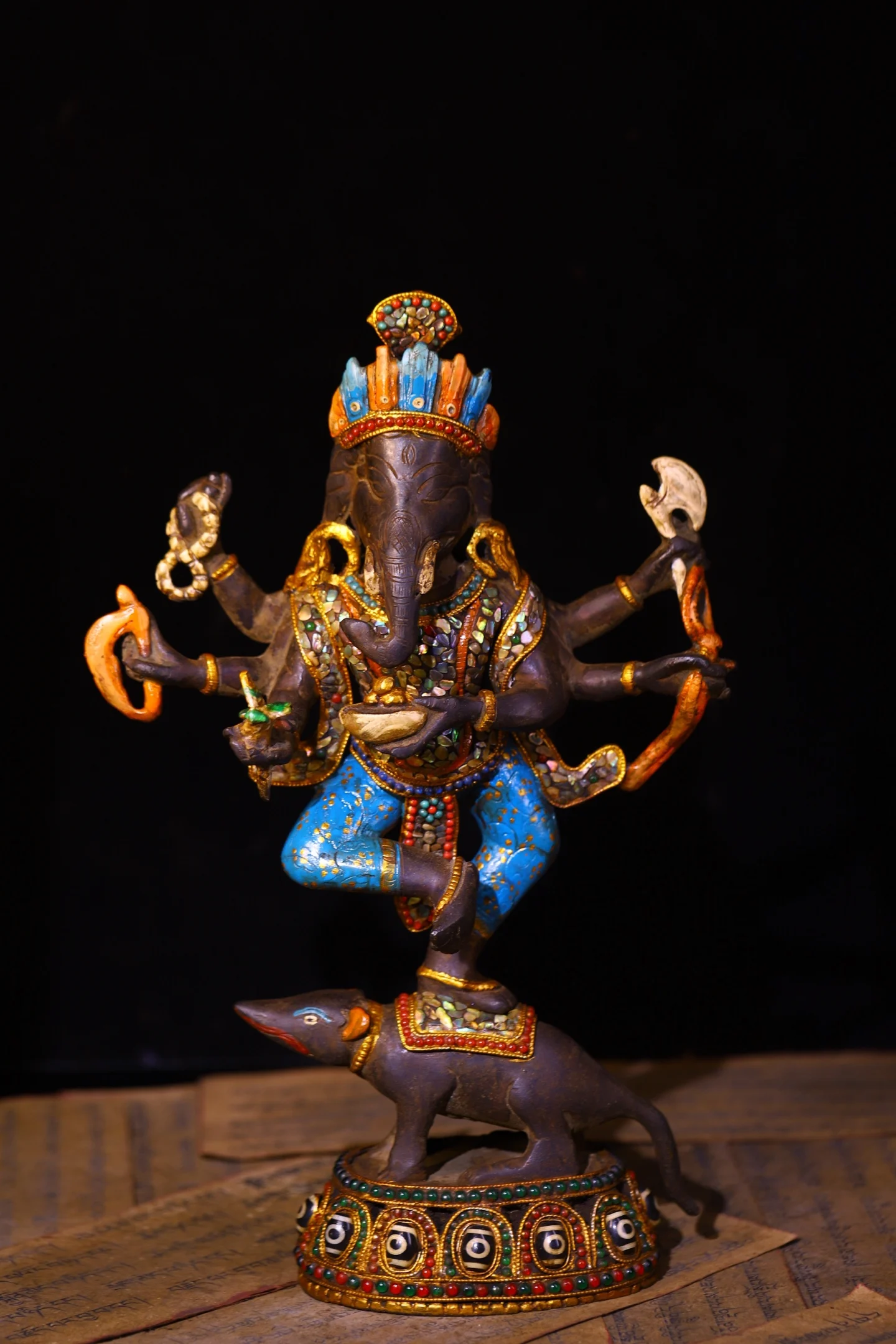 Lima Copper Bronze Painted Mosaic Gem gZi Beads Shell Six arm Ganesha standing Buddha mount Elephant Trunk God of Wealth