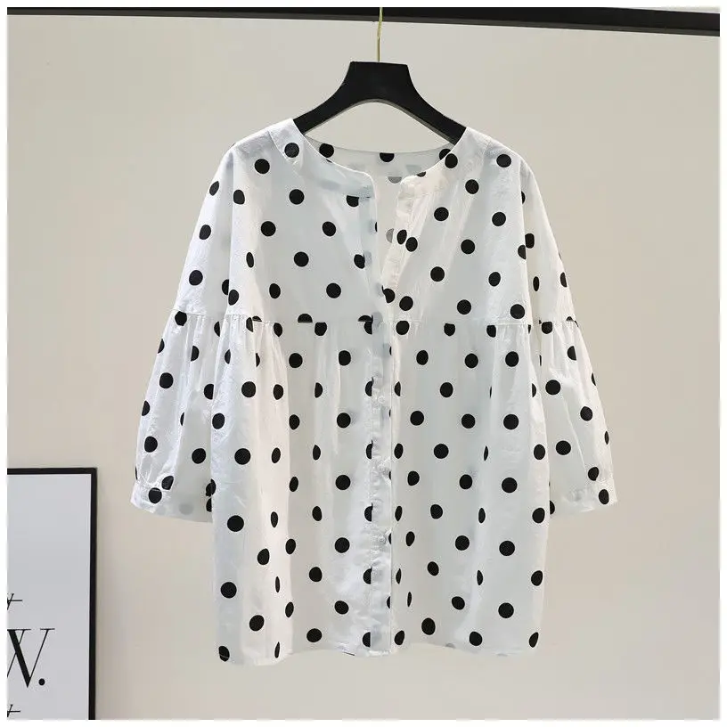 Summer Vintage Harajuku Women\'s Clothing Short-sleeved Round Neck Patchwork Chiffon Blouses Polka Dot Printed Loose Korean Shirt