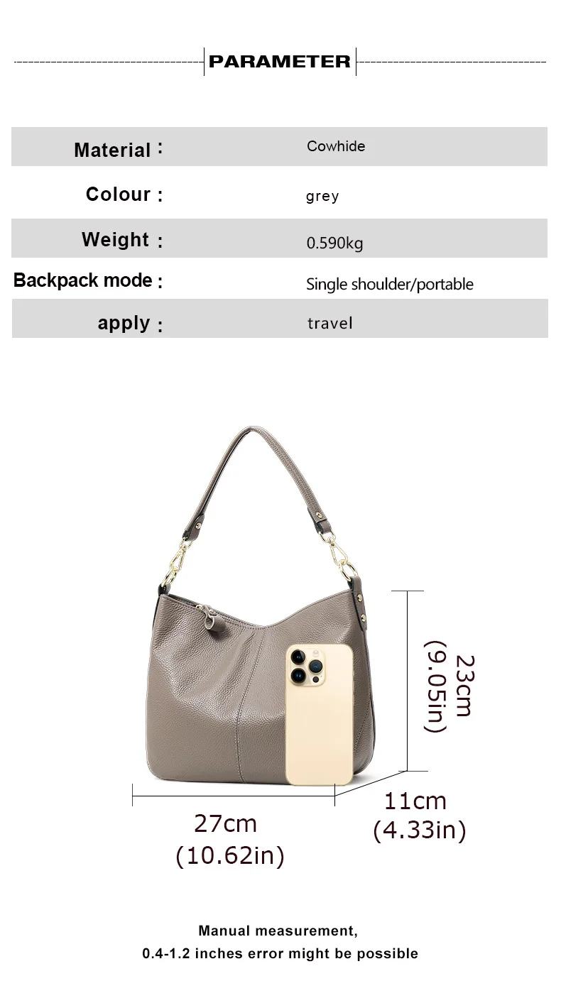 Echte Leder-Schultertasche für Damen, Aufbewahrungshandtasche, Schlichte und Leichte Graue Einkaufstasche – Detail 6