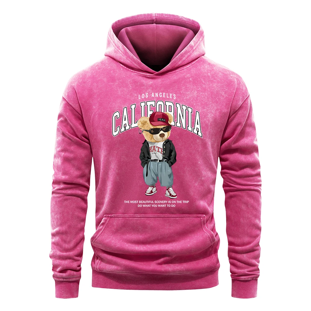 Cartoons Cool Bear Letter Printing Men Washed Hoodie Loose Fashion Streetwear Autumn Multicolor Hoody Hip Hop Cotton Pullover