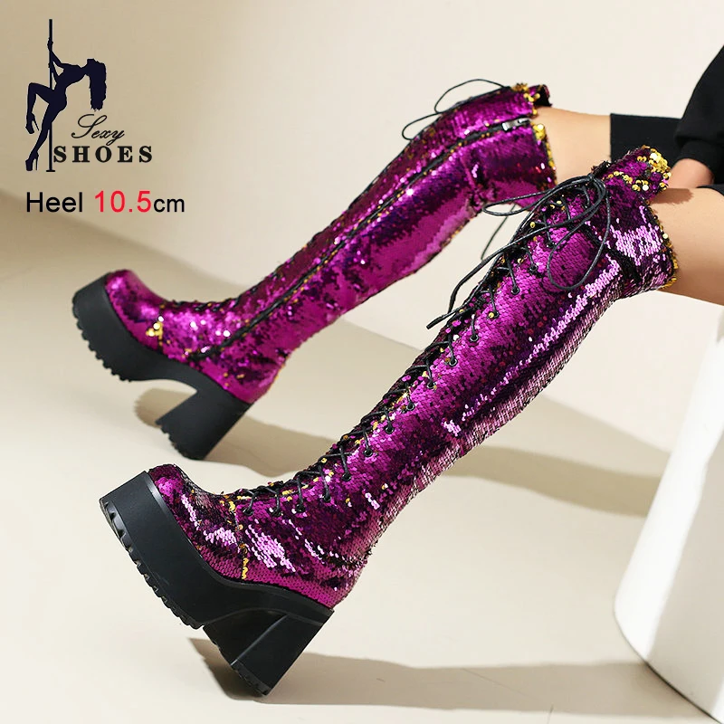 

Lace-up Thigh-high Women Long Pipe Booties Glitter Dance Shoes 10.5CM High Heels Gothic Blingbling sequin Over-the knee Boots