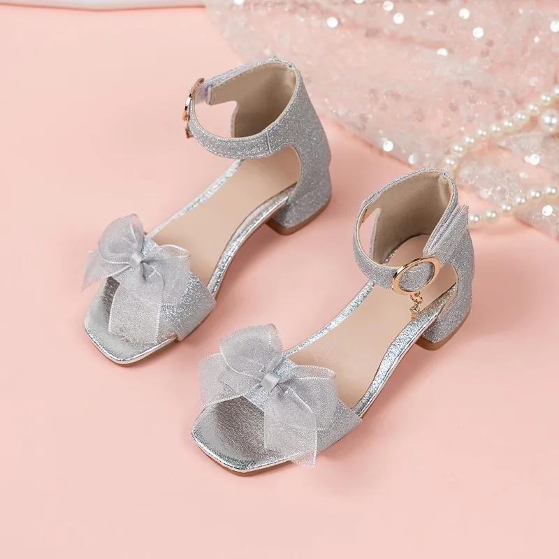 

2026 Summer Kids Dress Sandals New Sweet Bowknot Girl Fashion Open-toe Sandals with Heels Sequins Children's Princess Sandals