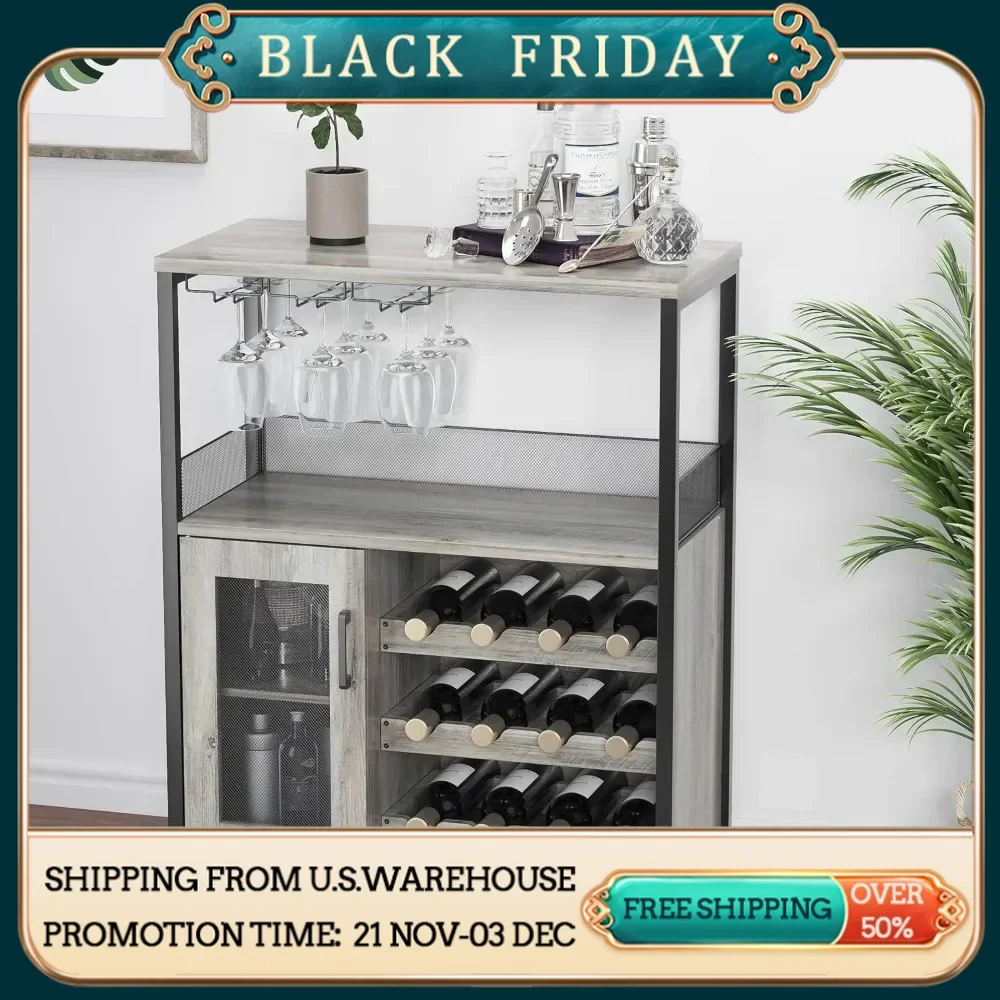 Wine Bar Rack Cabinet with Detachable Wine Rack,Bar Cabinet with Glass Holder, Small Sideboard and Buffet Cabinet with Mesh Door