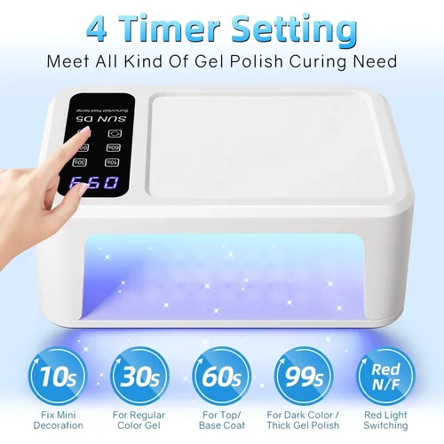Imagen 2 del producto Lámpara LED UV de 480W para uñas, secador de uñas de 108 LED con modo de blanqueamiento de luz roja, lámpara de manicura de gran espacio, 4 ajustes de temporizador