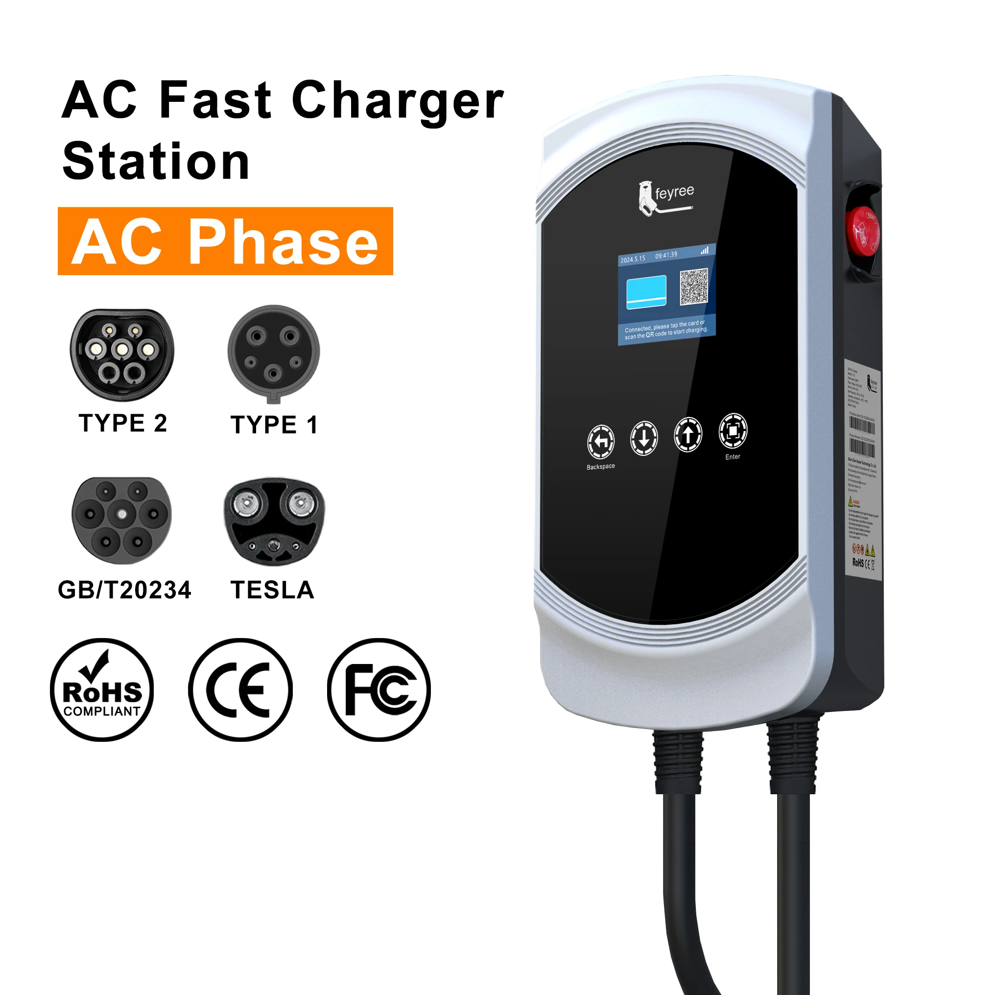 feyree OCPP1.6 AC EV Charger 220V/380V Smart Wallbox AC Charging EV Charger with 4G Network For Commercial EVSE Charging Station