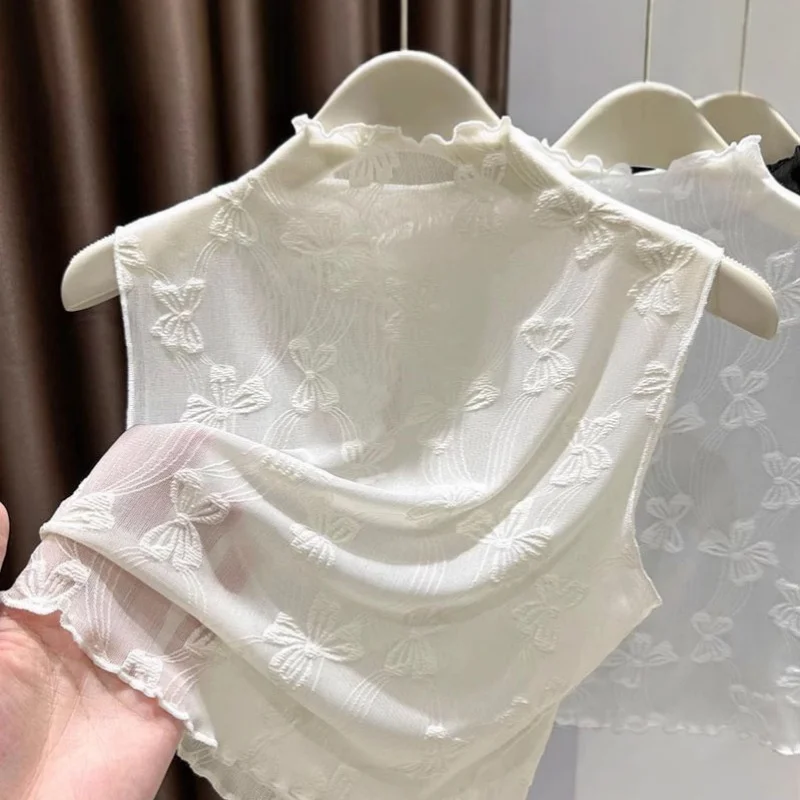 

Женская кружевная блузка с воротником-стойкой средней высоты, полупрозрачная, с цветочным узором, сетчатая, сексуальная, имитация воротника, короткий топ