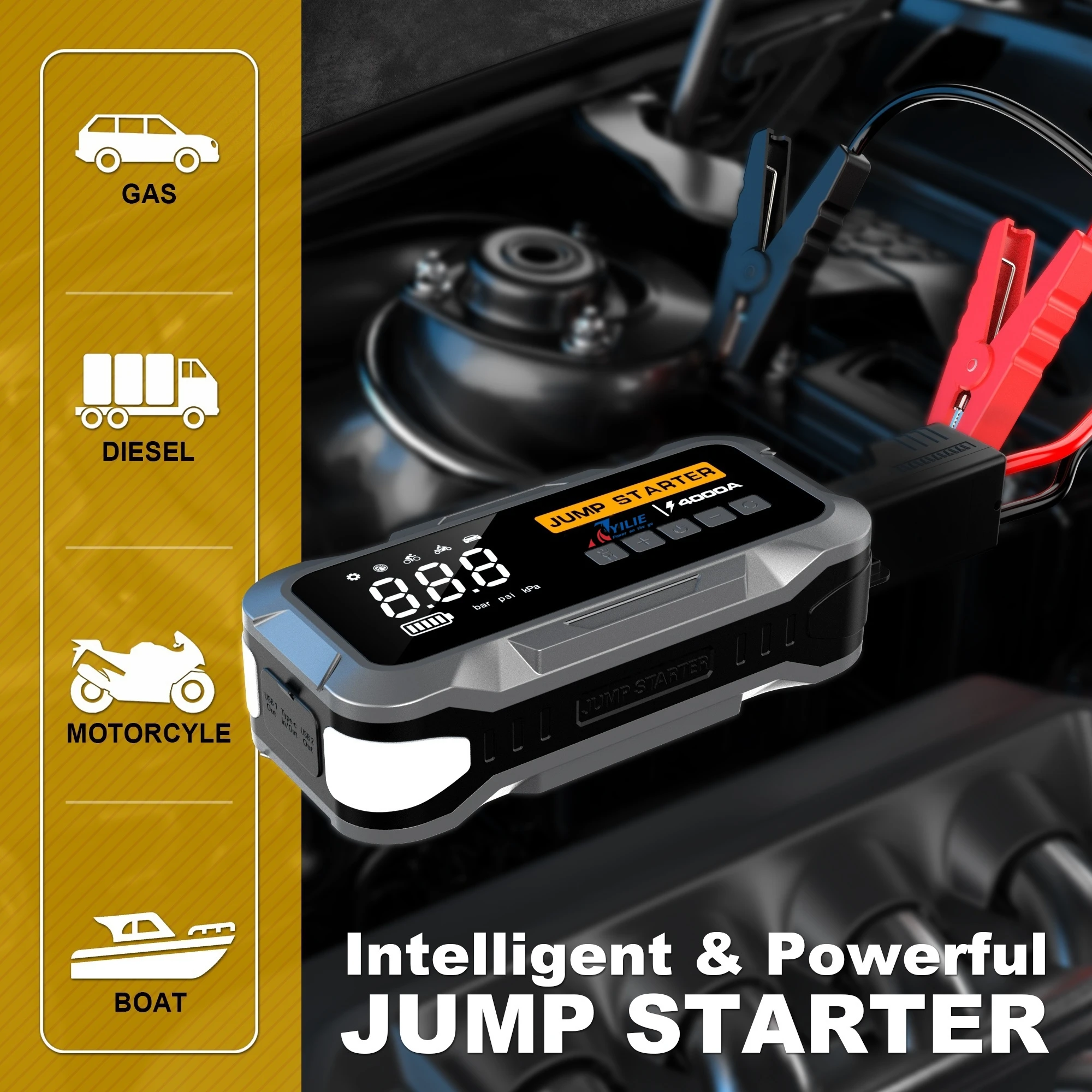 4000A Car Jump Starter Car Battery Booster with Compressor Air Pump Tire Inflator Emergency Kit Truck Booster