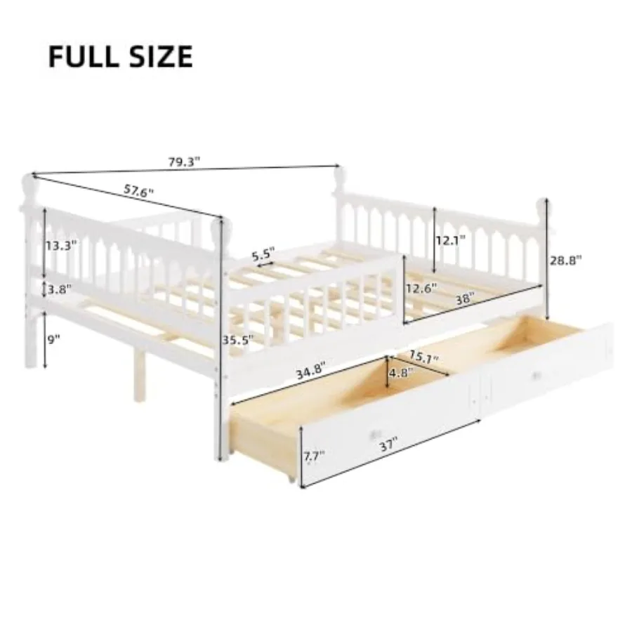 Size Bed Frame for,Wood Platform Bed with 2 Storage Drawers and Safety Guardrails for Boys Girls, No Box Spring Needed