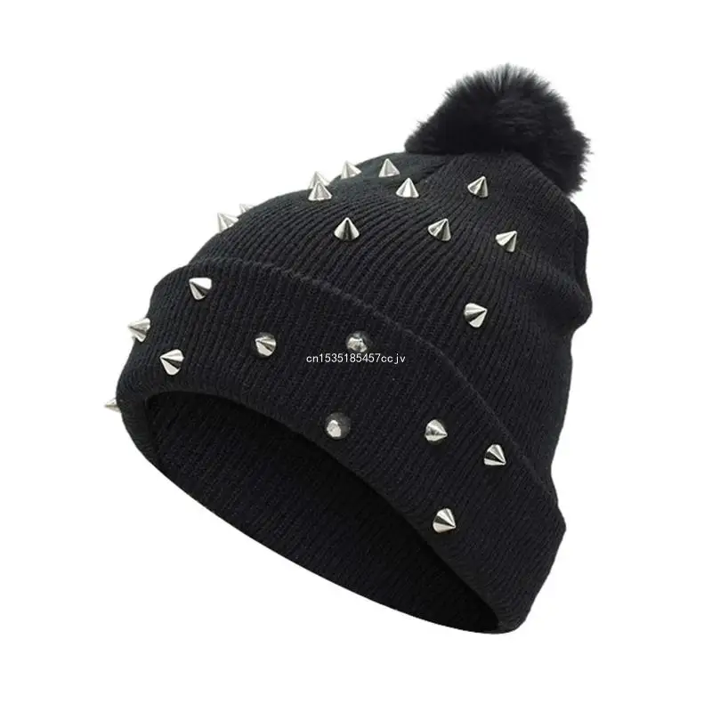 Warm Black Punk Beanie Hat Knitted Acrylic Winter for Women and Girls 18x35cm Dropship