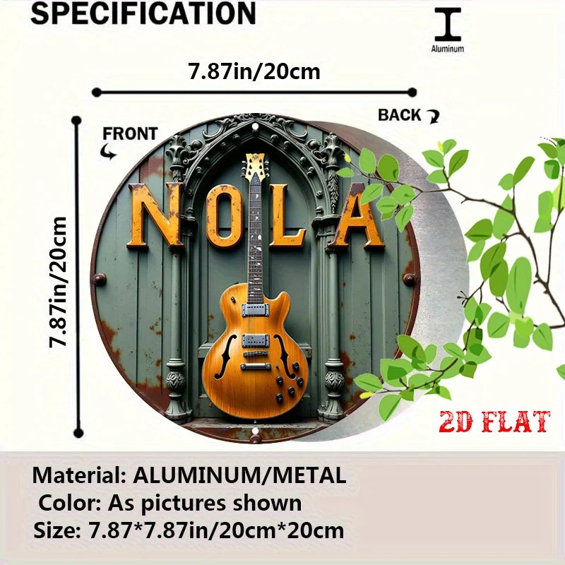 2D Flat, 1pc NOLA Guitar Round Aluminum Sign - Vintage Rustic Metal Wall Art, 7, 8x7, 8 Inch, Iconic New Orleans Music Theme view 2