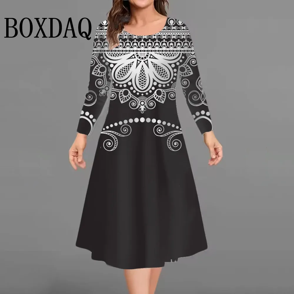 

8XL 9XL Женские платья больших размеров Свободное повседневное платье с длинным рукавом и круглым вырезом 3D Цветочный принт Большой размер Уличная одежда Женское платье