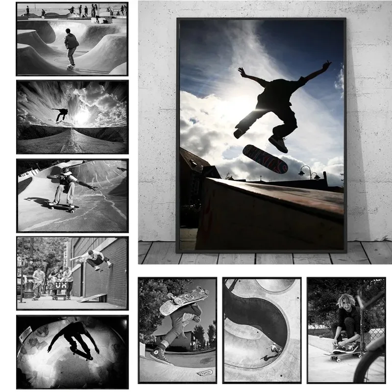Skateboarding Extreme Sports Posters Prints Black White Photo Canvas Painting Wall Art Pictures Room Decor Skateboard Lover Gift