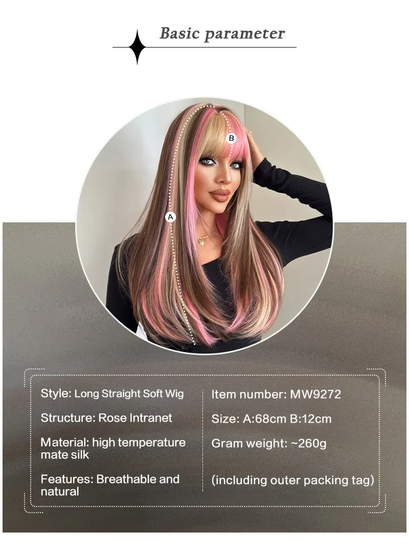 NAMM Lange, gerade, farbenfrohe Perücken für Frauen mit Pony, natürlich aussehendes, weiches, hochwertiges synthetisches, hitzebeständiges Faserperückenhaar – Detail 3