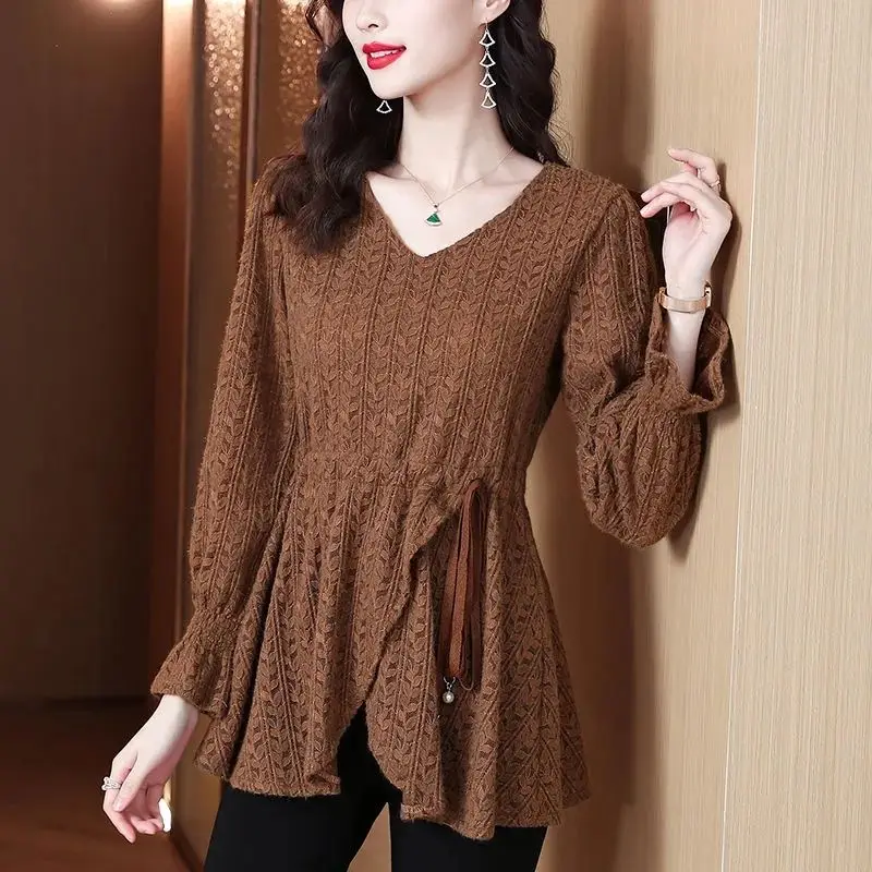 

Elegant V-Neck Spliced Shirring Bow Irregular Lace Blouse Women's Clothing 2023 Autumn Winter New Casual Tops Asymmetrical Shirt