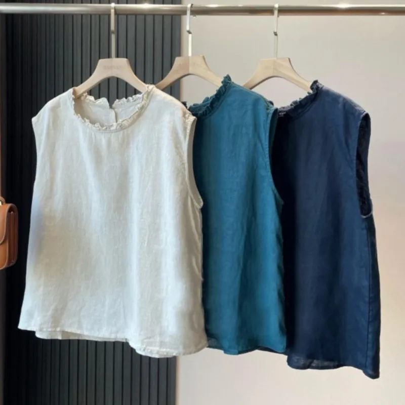 

Johnature New Linen Breathable Sleeveless Versatile Vest Women 2025 New Summer Casual Loose Ruffles Women Tops
