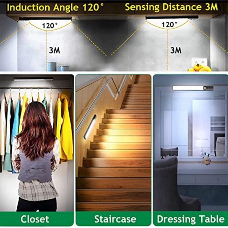 Беспроводное освещение для шкафа, 2 упаковки, 100 дюйма, встроенный USB-перезаряжаемый датчик движения