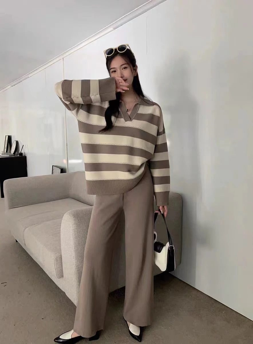 New Vintage Striped Knitted Two Piece Set Women Lapel Long Sleeve Pullover Sweater + Wide Leg Pants Sets Casual Loose Outfits