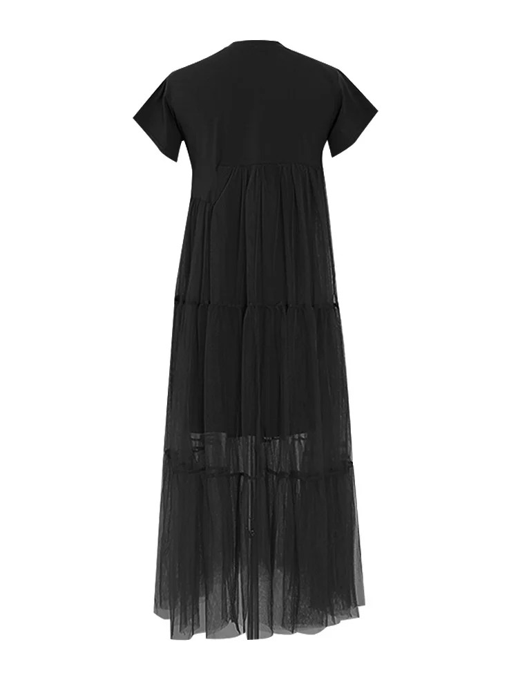 VGH Minimalist Patchwork Mesh Dresses For Women Rounf Neck Short Sleeve High Waist Pullover Soild Dress Female Fashion Clothing