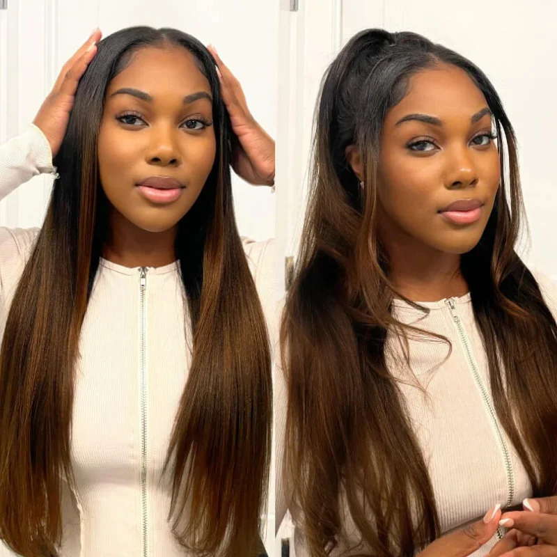 Klaiyi V part Wig Ombre Brown Yaki Straight Human Hair Wig Glueless Wig Minimal Leave Out Easy To Wear