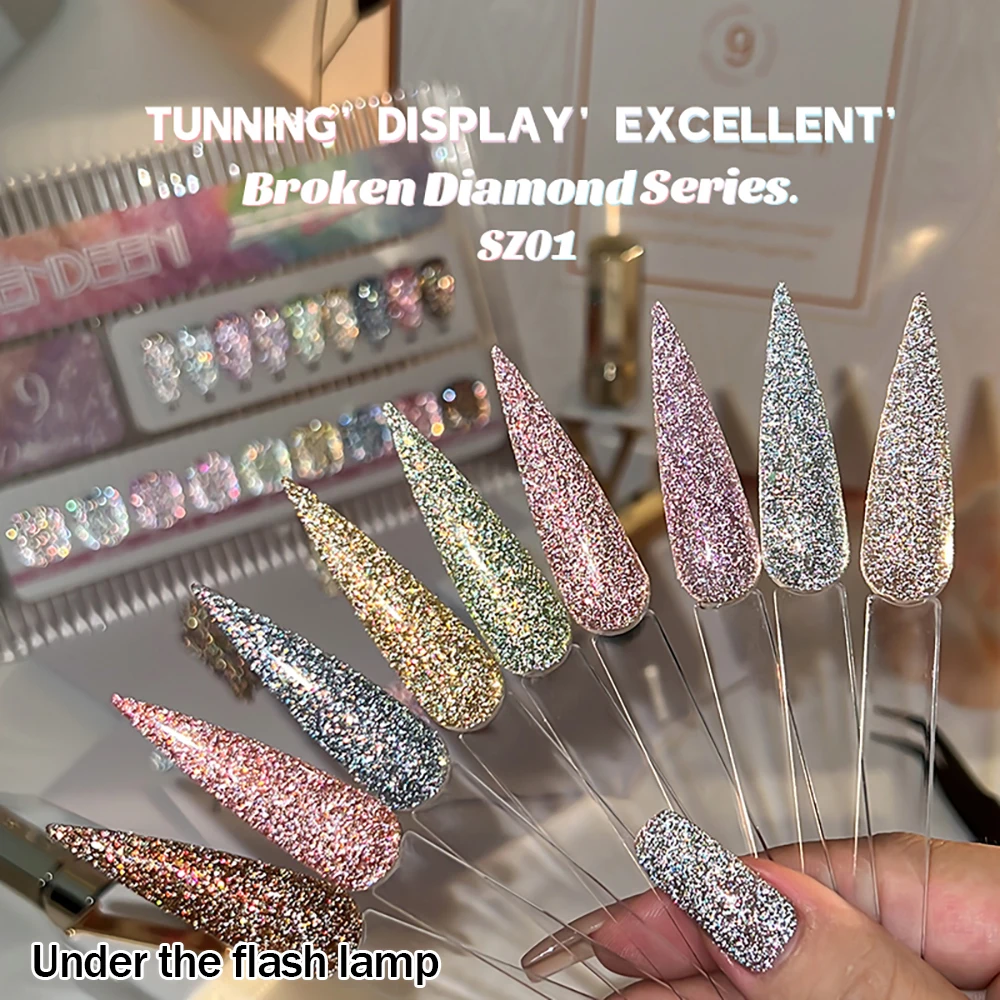 Vendeeni 9 Colors/Set Rainbow Glitter Broken Diamond Gel Nail Polish Semi Permanent UV LED Soak Off Gel Varnish With Display