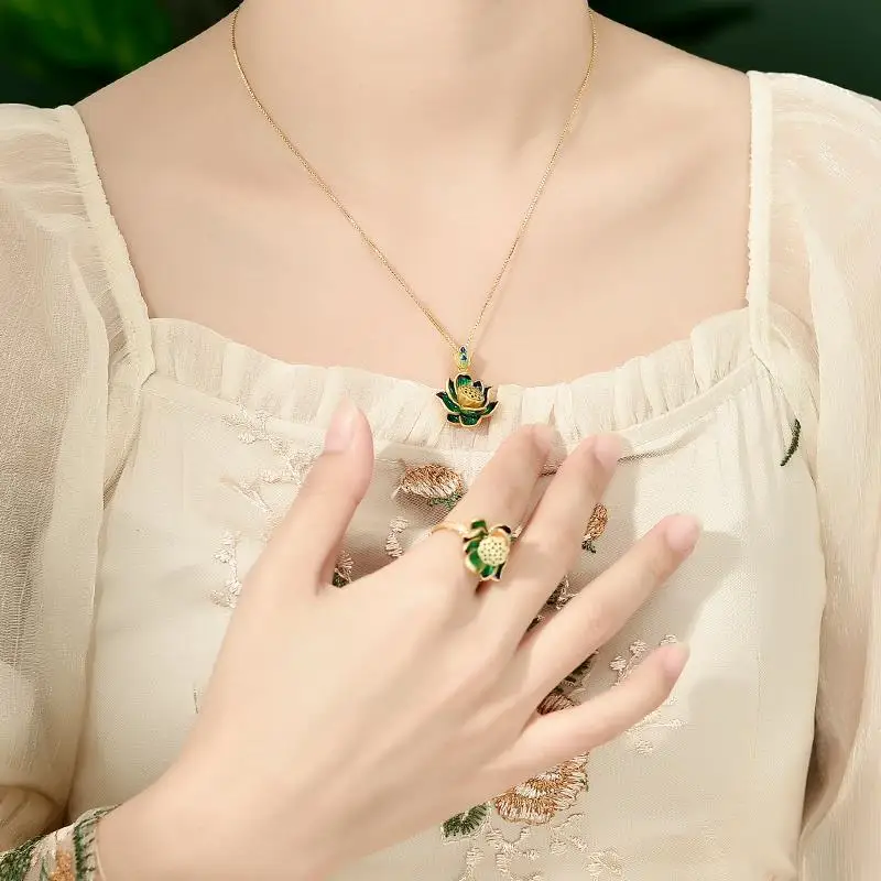 

Ancient gold craft earrings for women Classic Enamel Lotus Jewelry sets fresh Classic green crystal ring necklace accessories