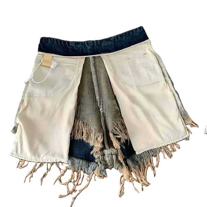 

Spicy Girl Retro Gradient Tassel Edge Denim Wide Shorts Plus Size Sissy COS High Waist Short Pants Sexy Y2k Casual A-line Jeans