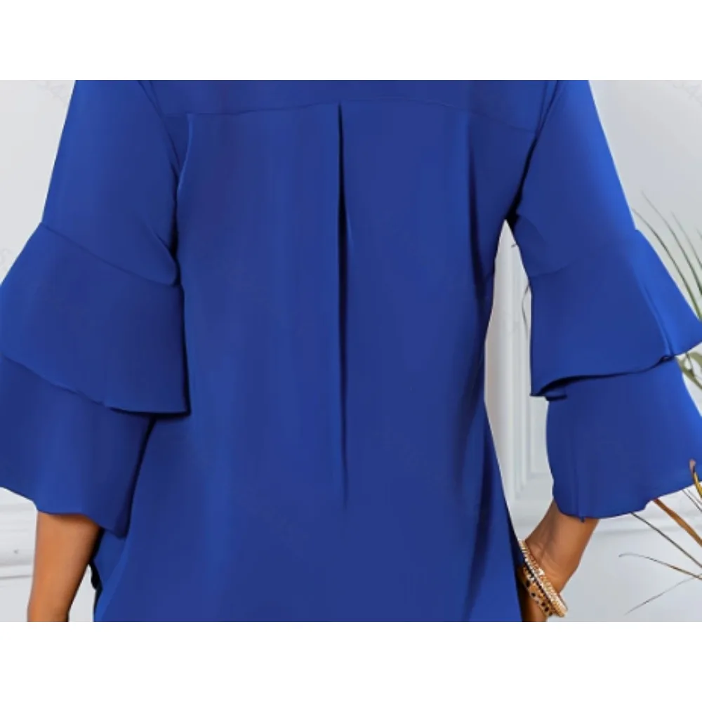 Camisa holgada informal de talla grande 1XL-5XL para mujer, camisa de manga acampanada en capas, Color sólido, blusa de manga larga a la moda para mujer