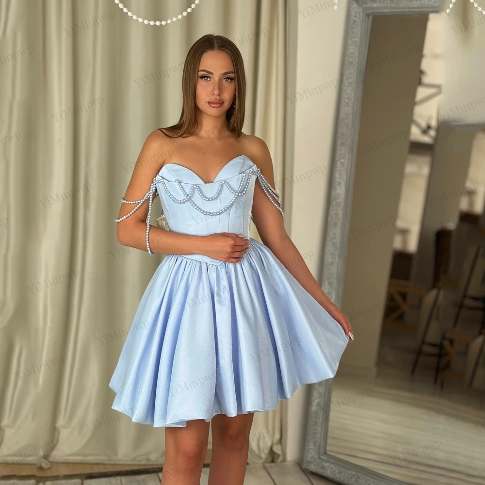 ชุดราตรีไข่มุกเงางาม คอวี ความยาวมินิ ผูกเชือกด้านหลัง ชุดวันเกิด ชุดราตรี สามารถสั่งตัดได้