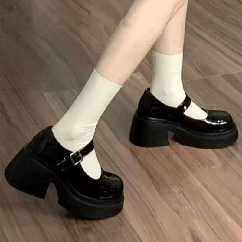 Women Single Strap Square Buckle Block Heel Mary Jane Shoes, Vintage Height Increasing JK Lolita Platform Student Commuter Shoes