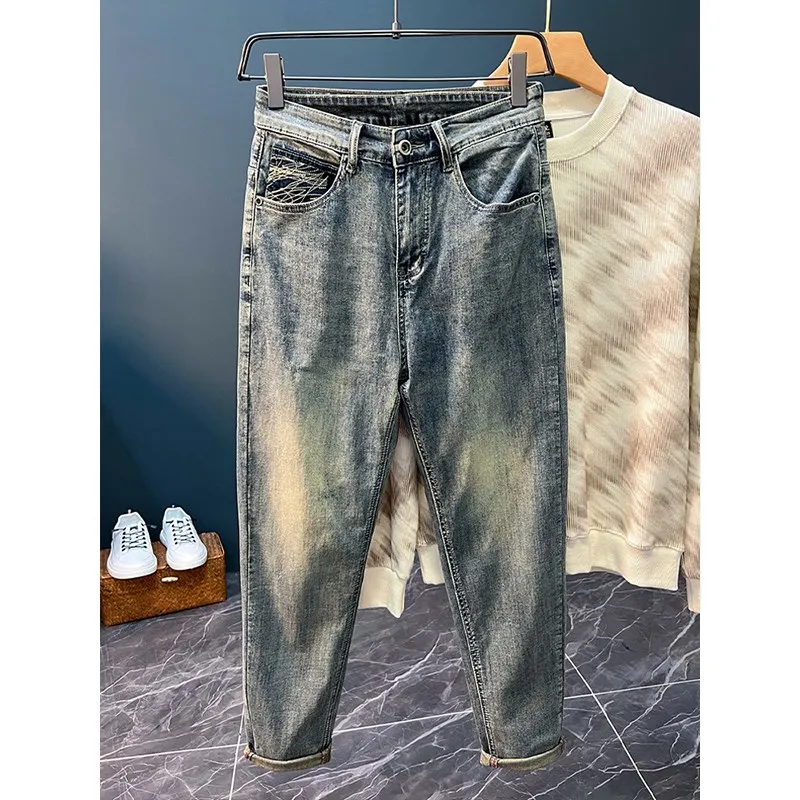 

Мужские джинсы-харланы с эластичной вышивкой, зауженные, винтажные, укороченные, осенние, новые, молодежные, повседневные брюки