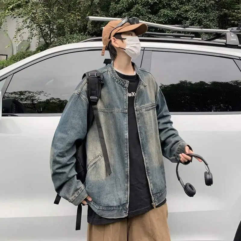 

Винтажная джинсовая куртка свободного кроя для мужчин, весенне-осенняя повседневная верхняя одежда, унисекс, с длинными рукавами, классический воротник