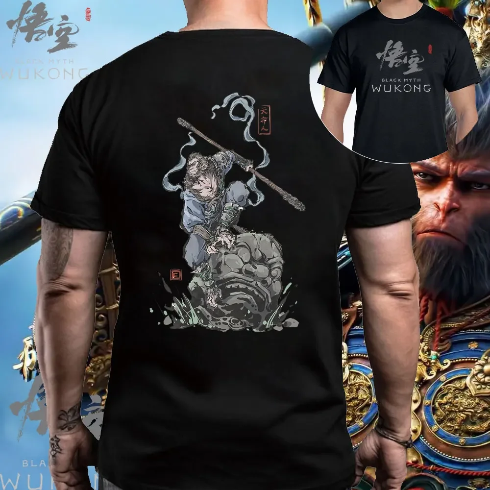 Black Myth Wukong Print Cotton T-shirt Wukong Game Monster Group Image Pattern Men's Short-sleeved Shirt Monkey King Tshirt Tops