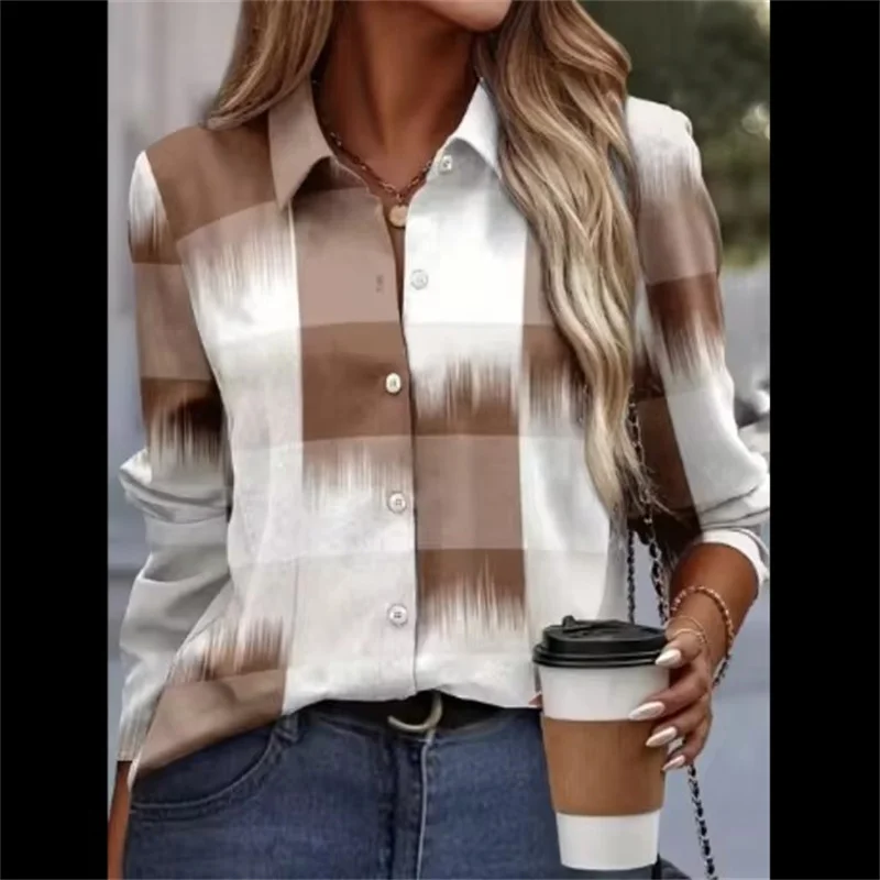 2024 Fashion Plaid Printing Lapel Long Sleeve Loose Button Shirt Autumn New Casual Tops Elegant Boutique Women\'s Commuter Tops