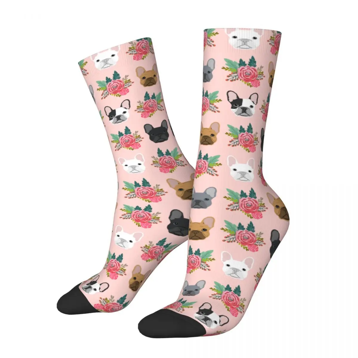 Retro French Bulldogs Florals Soccer Socks Dog Polyester Middle Tube Socks for Unisex