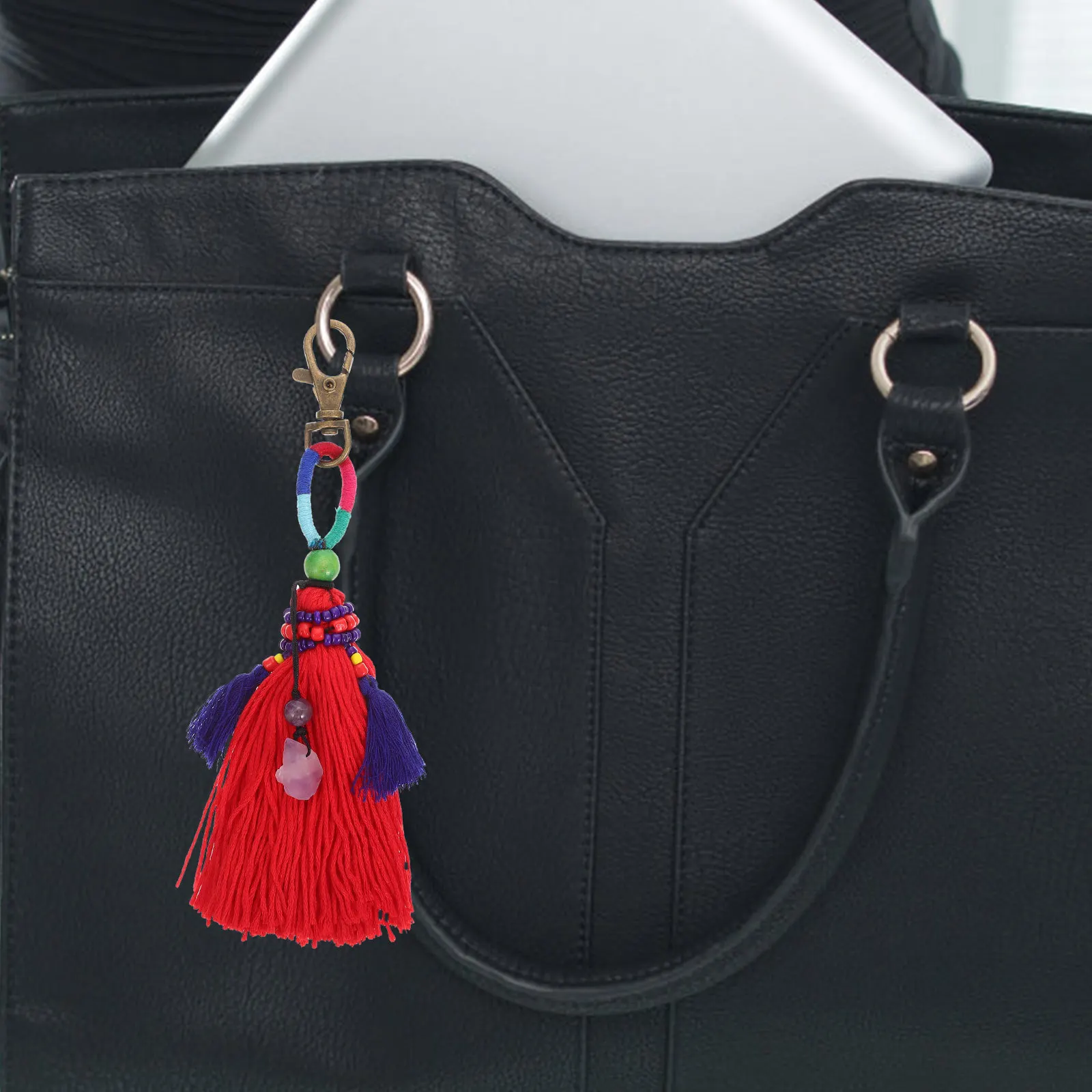 

Creative Bohemian Tassel Beaded Pendant Car Accessories Stylish Keychain Decor Rear View Mirror Hanging Gift Item