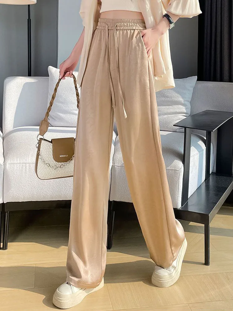 Elastic High Waist Baggy Satin Finish Pants Women Casual Jacquard Design Straight Pantalones Loose Thin Lace Up Wide Leg Calca