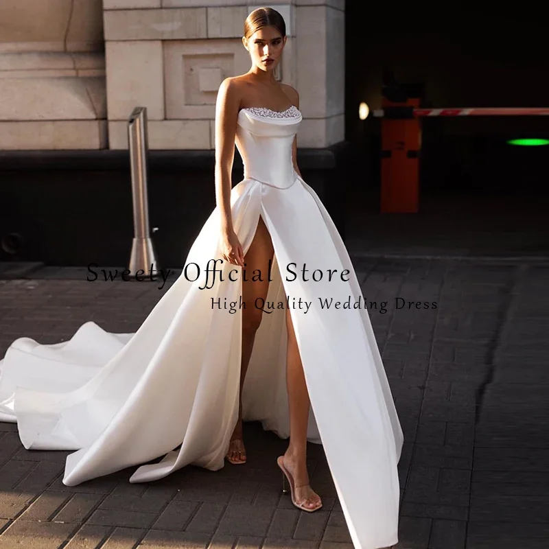 Luxury Wedding Dress Soft Satin With Sequins Slit A Line Ball Gown Strapless Bridal Back Lace Up Vestido De Novia Customized