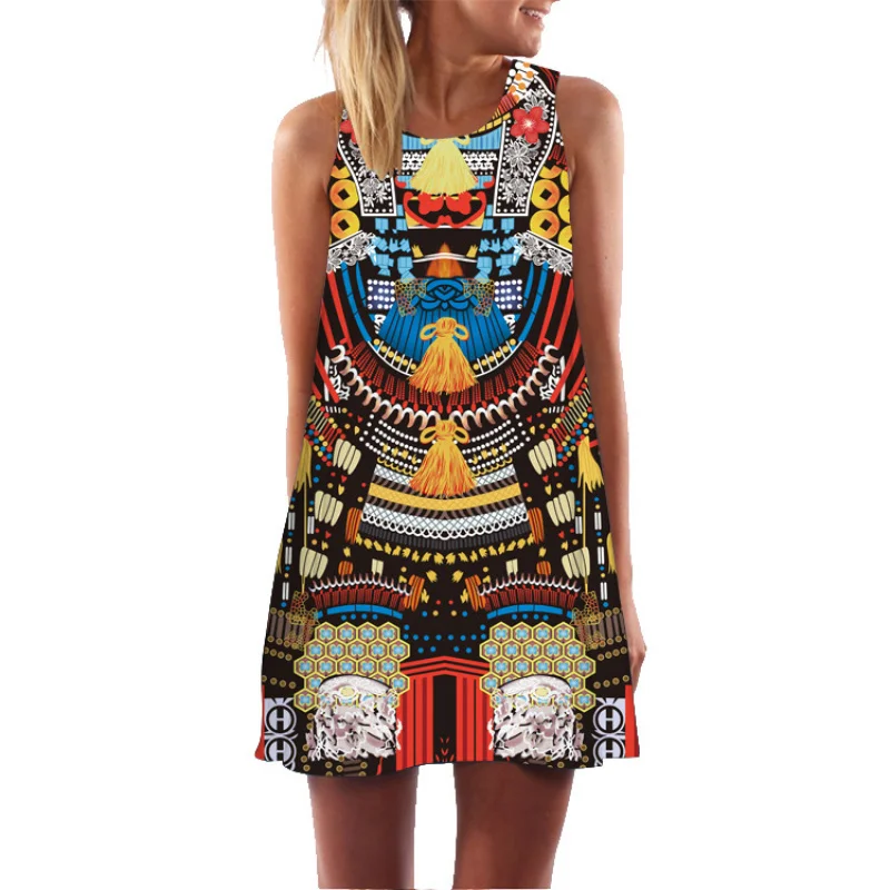 2020 European Station European and American New Digital Printed round Neck Hot Sale Strapless Large Swing Mid-Length Sleeveless