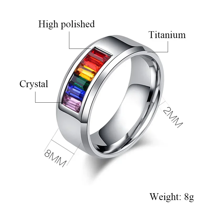 New Fashion Female Gorgeous Rainbow Color Crystal Ring Male Summer Colorful Jewelry Titanium Ring for Women and Men