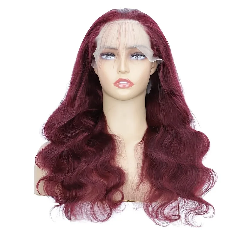 30 بوصة 99j بورجوندي الدانتيل الجبهة الباروكات شعر الإنسان قبل قطعها مع شعر الطفل 200% الكثافة 13X4 الأحمر الجسم موجة خصلات الشعر المستعار الإنسان