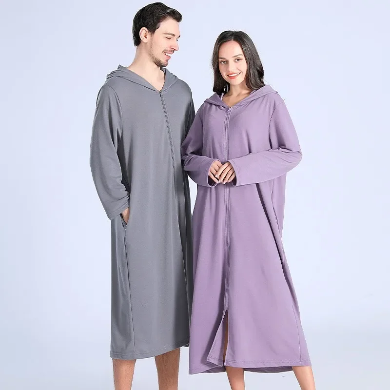 Zipper Bathrobe Couple Summer Pajamas Hooded Nightgown Men's Thin Section Ladies Long Nightdress Summer Blanket Gown Stitch Home