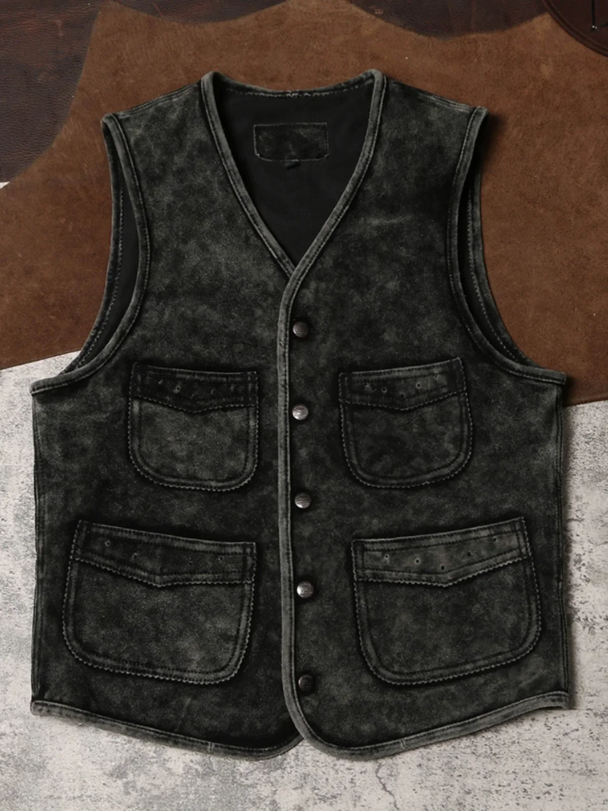 

Ретро RL состаренный замшевый жилет Мужская куртка из натуральной кожи Жилет из воловьей кожи с обеих сторон Носить камзол в стиле Лю Вэнь