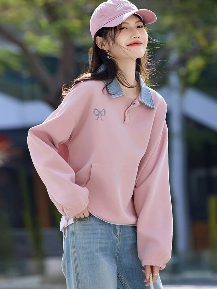 

Pink Embroidered Loose Women's Sweatirt Faionable Anti-aging Small irt Unique Sle Spring Autumn New Arrival