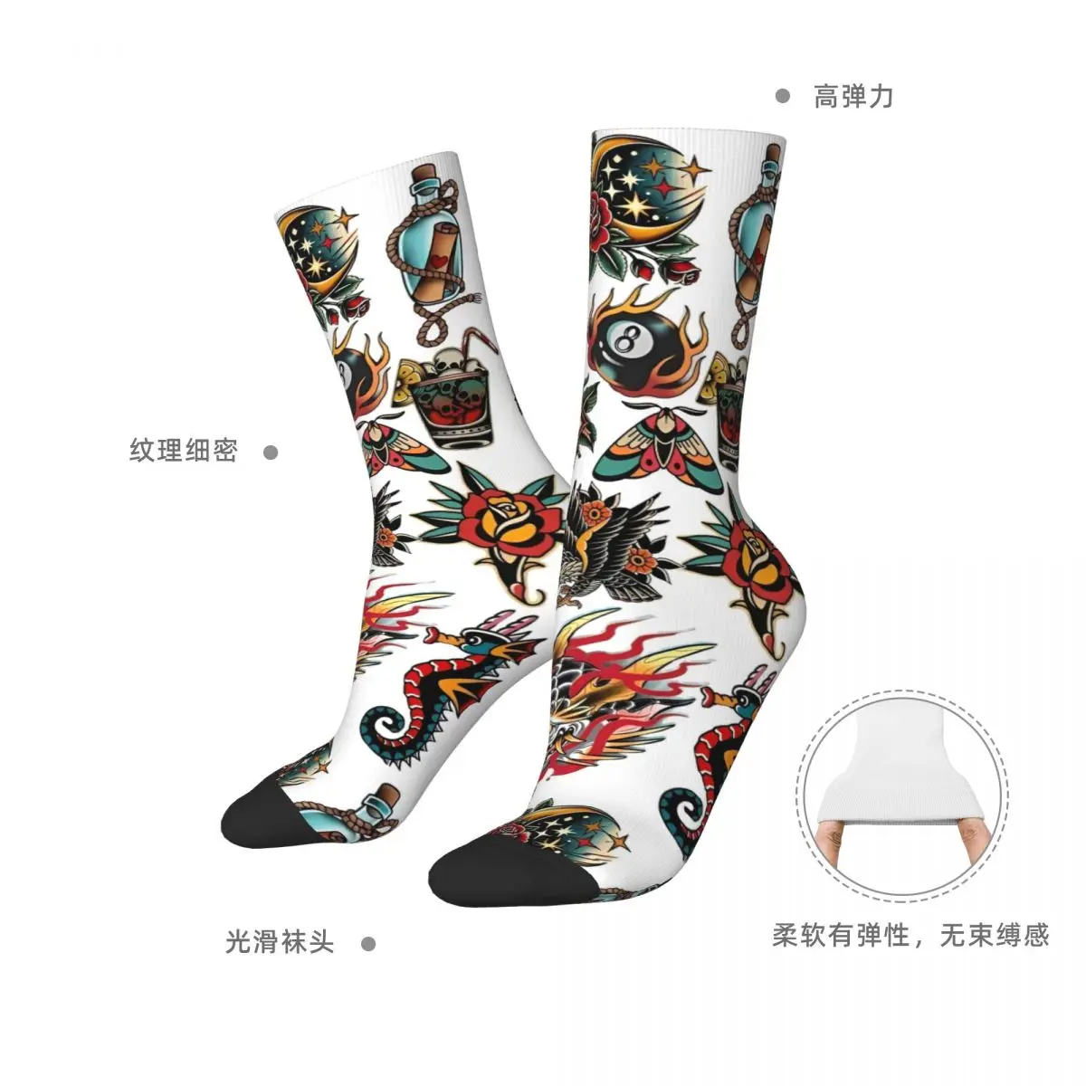 ヴィンテージタトゥーバタフライプリントソックス エレガントなストッキング 秋用滑り止めメンズソックス 暖かく柔らかなグラフィックスケートボードソックス