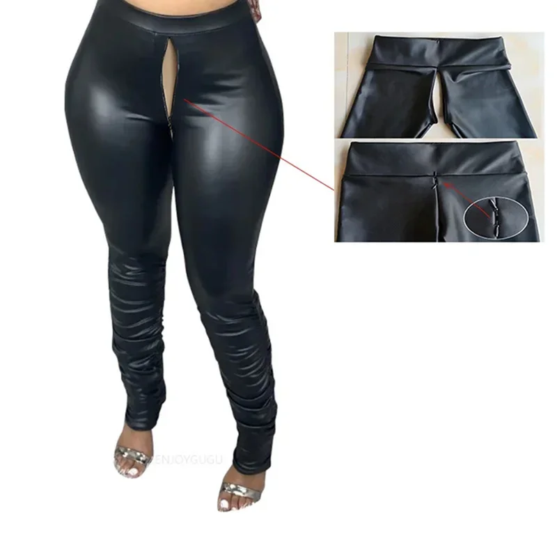 Stretch Bodycon Faux Latex Leggings Women Sexy Exotic Zip Open Crotch Pants Slim Shiny Patent Leather Tousers Clubwear Custom